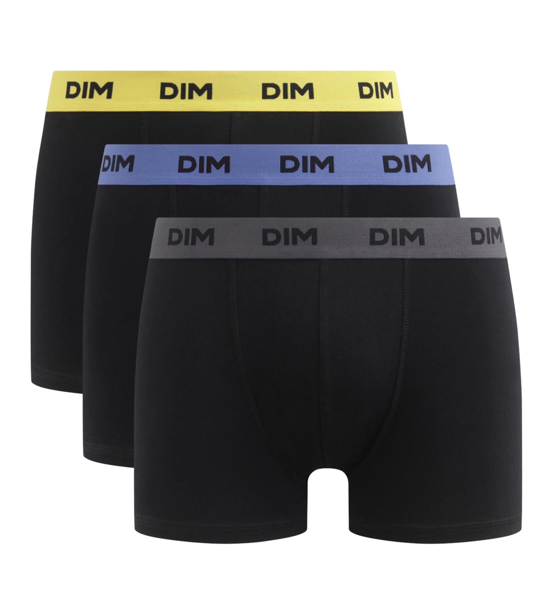 DIM 3er-Pack schwarze Baumwoll-Boxershorts mit Jacquardbund in gelb/lila/grau - Mix & Colors