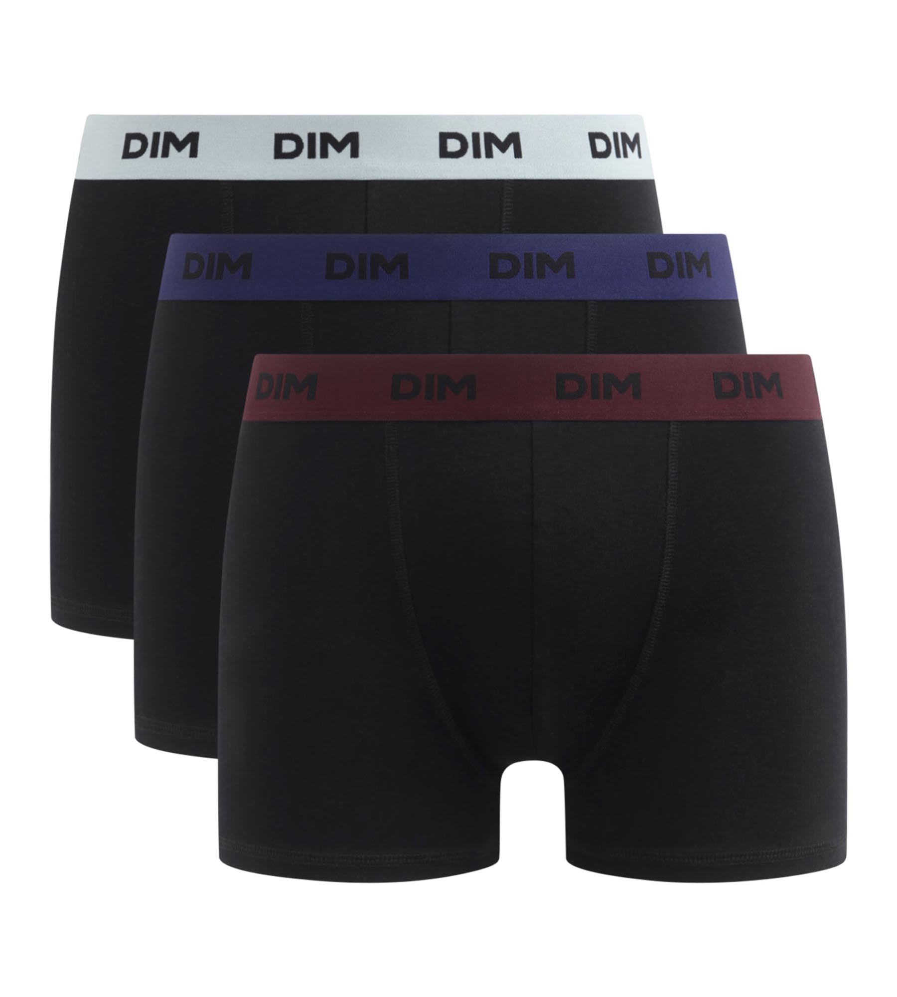 DIM 3er-Pack schwarze Baumwoll-Boxershorts mit Jacquardbund in hellblau/ultramarin/bordeaux - Mix & Colors