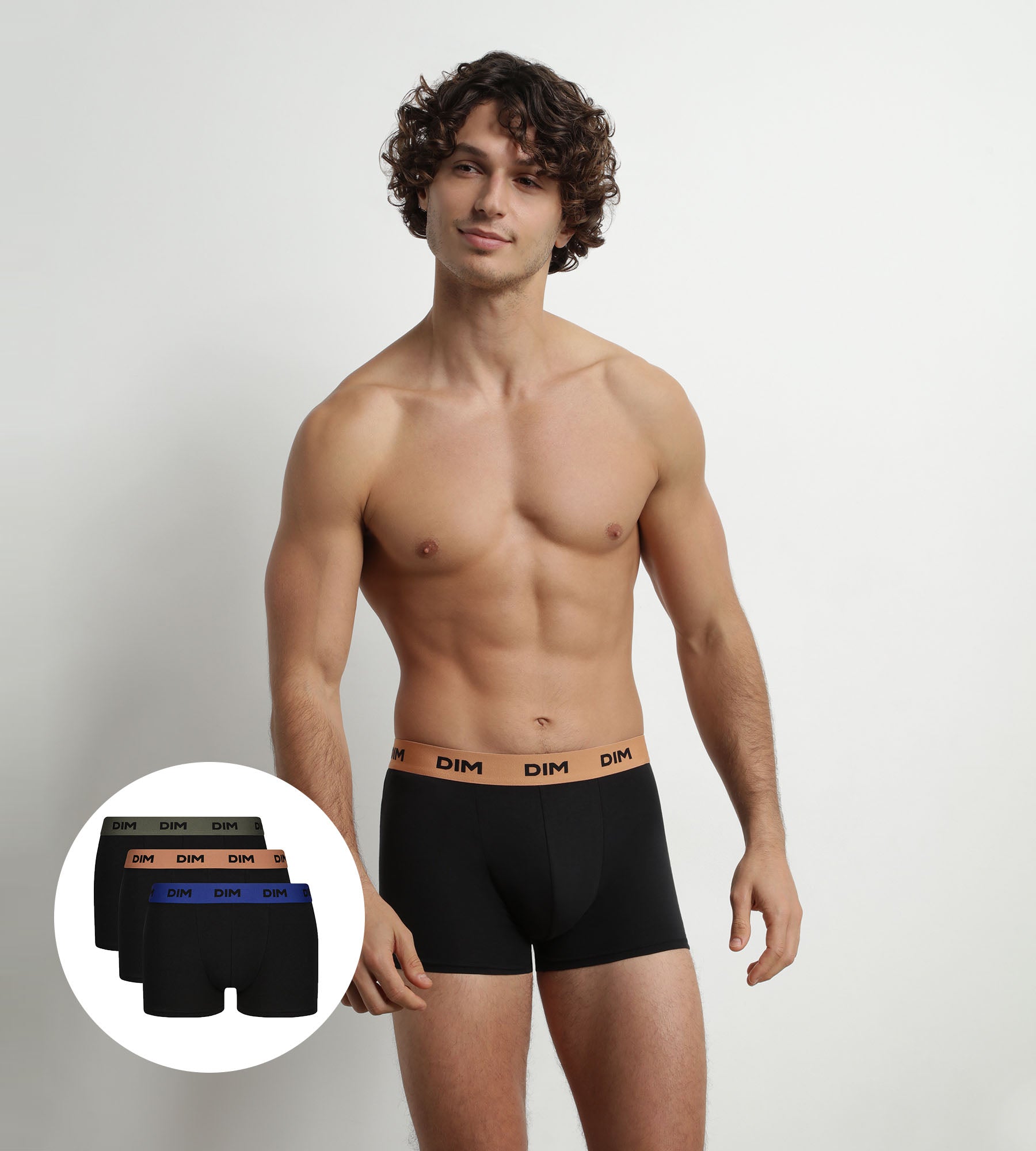 DIM 3er-Pack schwarze Stretch-Baumwoll-Boxershorts in Schwarz, Haselnuss und Grün – Mix & Colors