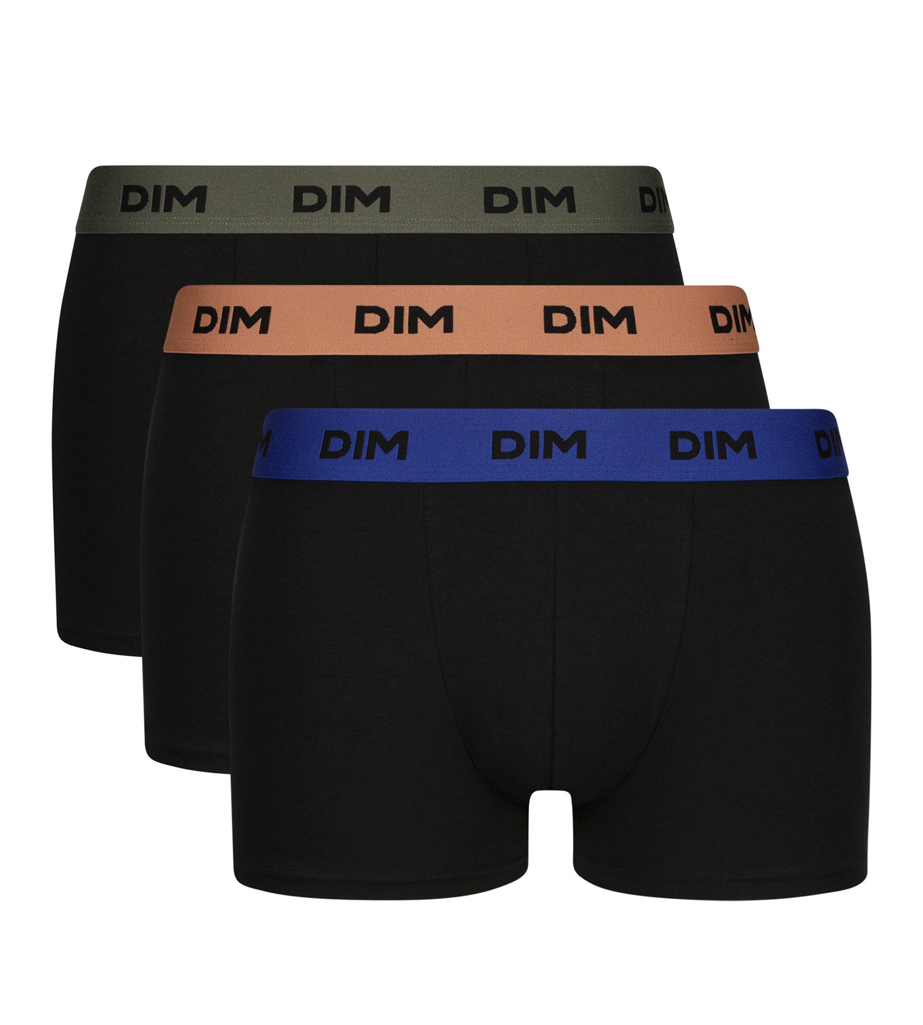 DIM 3er-Pack schwarze Stretch-Baumwoll-Boxershorts in Schwarz, Haselnuss und Grün – Mix & Colors