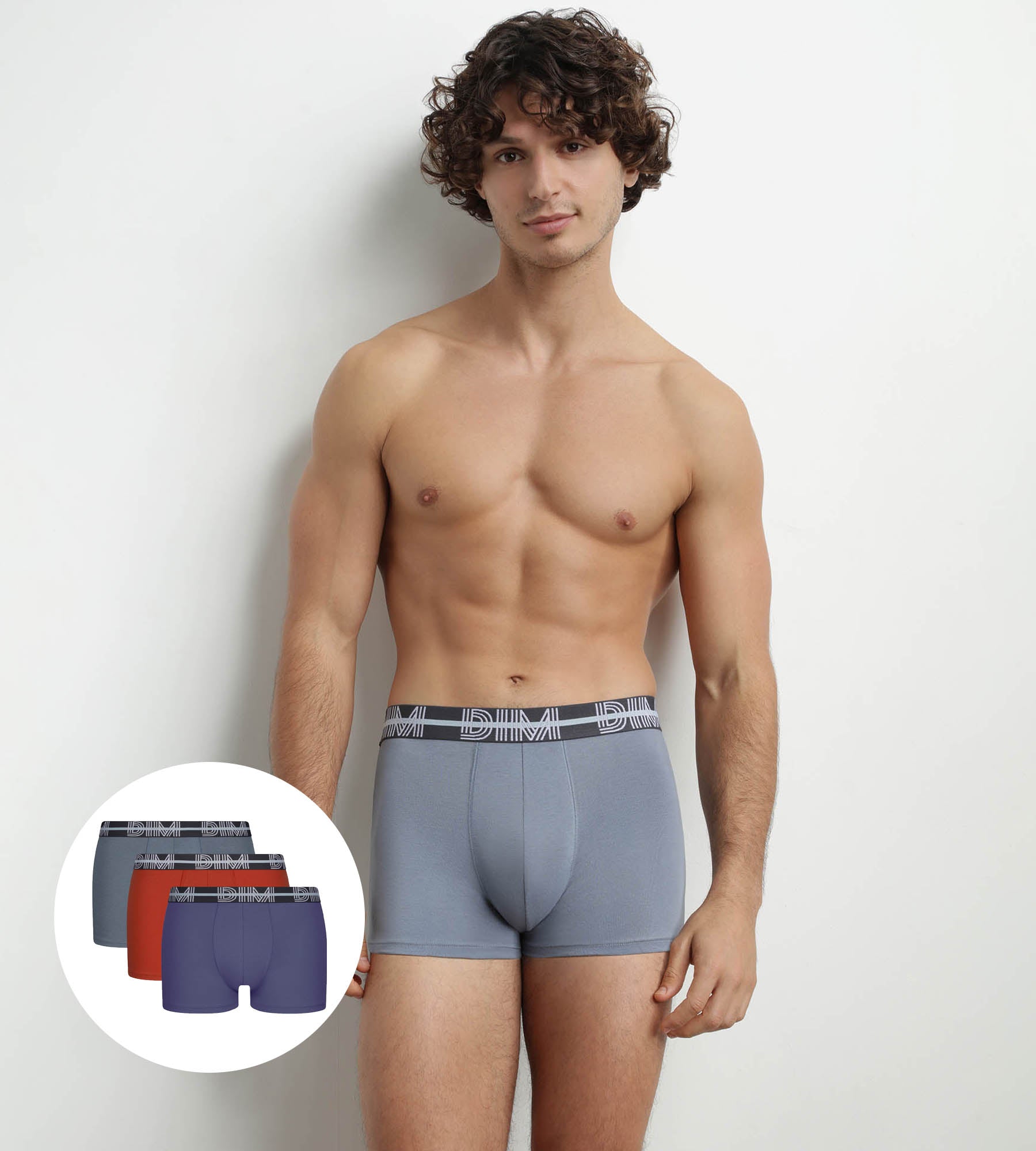 DIM 3er-Pack Herren-Boxershorts aus Mikrofaser mit 3D-Bund in Blau/Rot/Grau – Dim Powerful