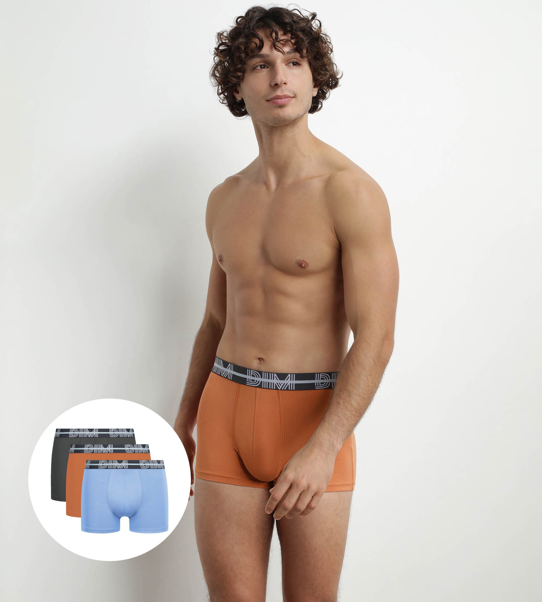 DIM 3er-Pack Herren-Boxershorts aus Mikrofaser mit 3D-Bund in Grau/Blau/Orange – Dim Powerful