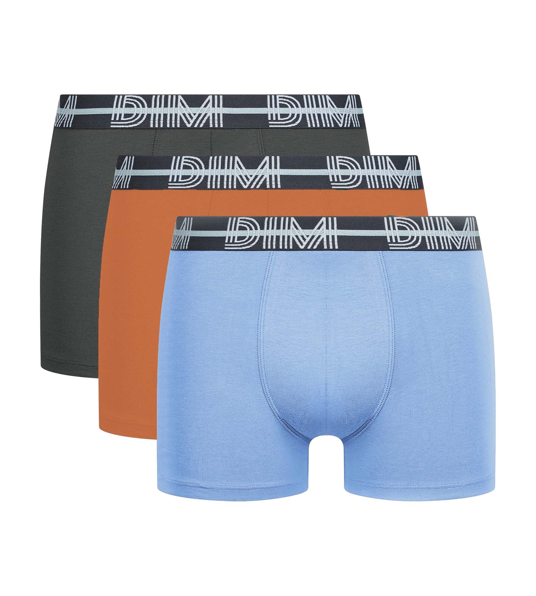DIM 3er-Pack Herren-Boxershorts aus Mikrofaser mit 3D-Bund in Grau/Blau/Orange – Dim Powerful