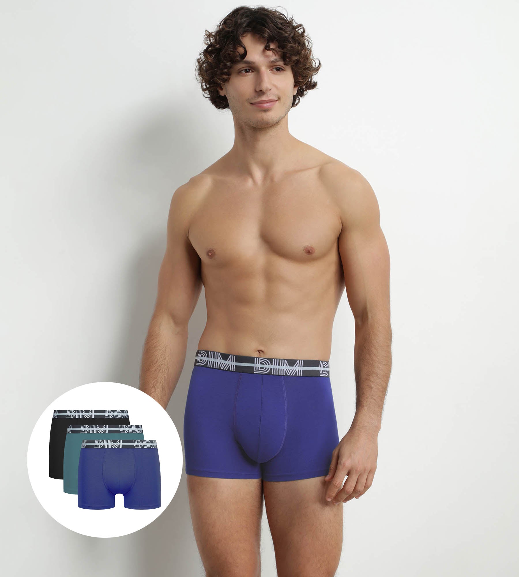 DIM 3er-Pack Herren-Boxershorts aus Mikrofaser mit 3D-Bund in Schwarz/Blau/Grün – Dim Powerful