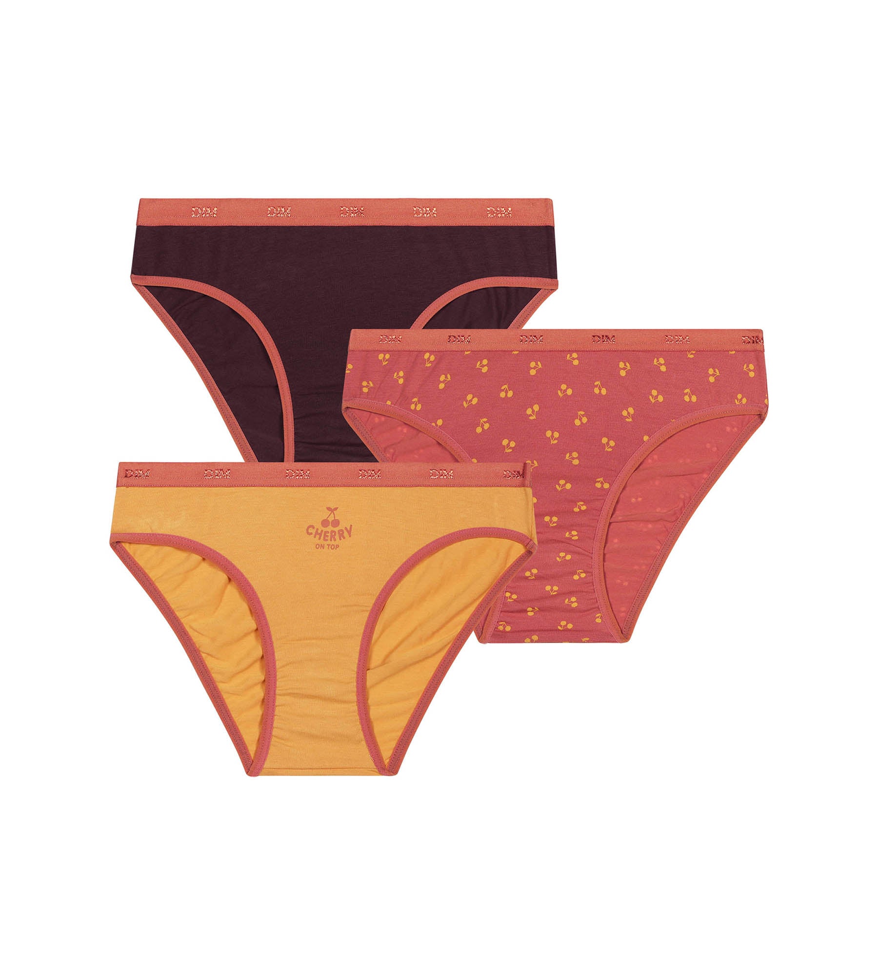 DIM 3er-Pack Mädchenslips schokobraun/orange mit Kirsch-Motiv - Pockets