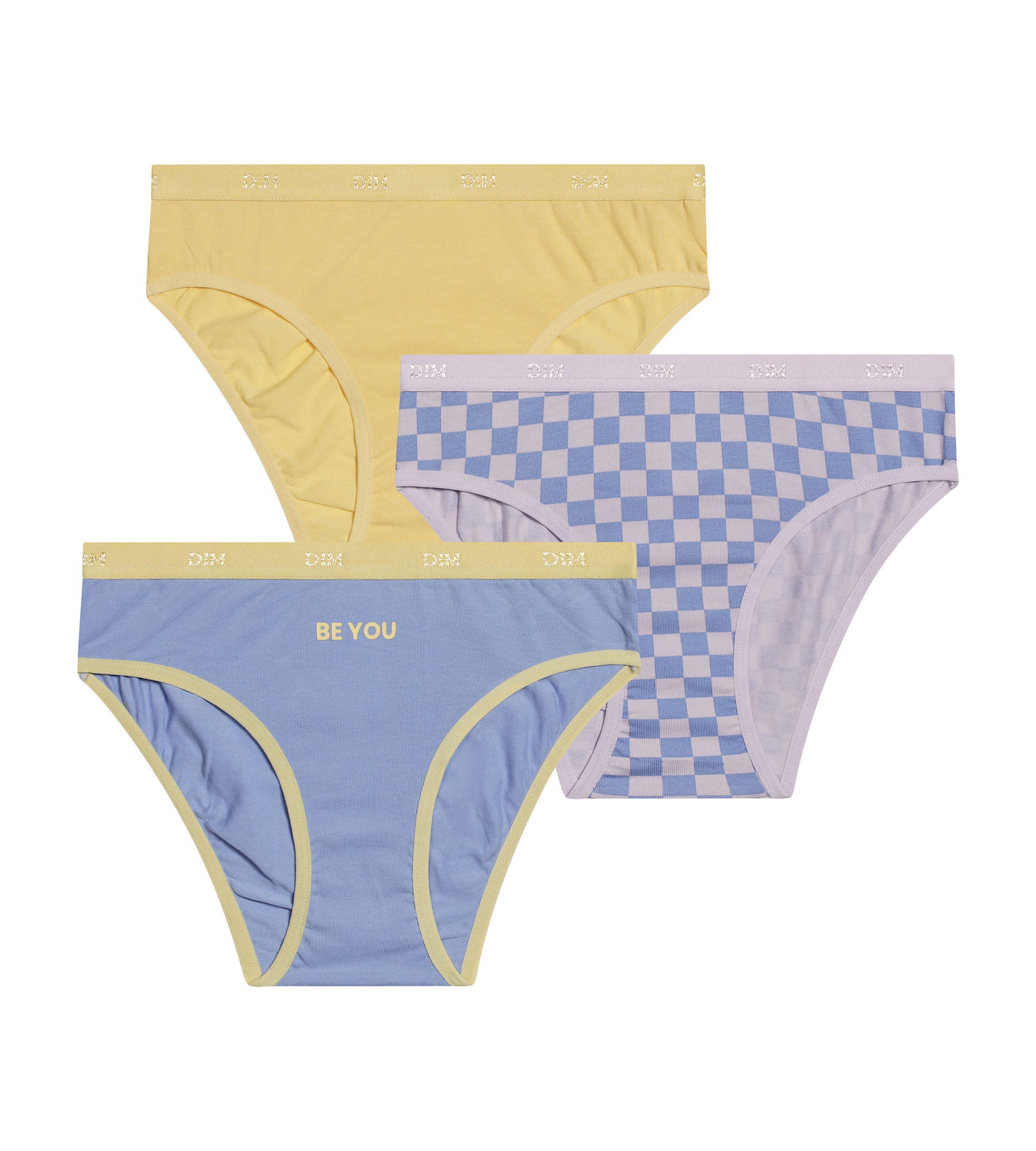 DIM 3er-Pack gelbe Mädchenslips aus Baumwolle mit Stretch-Anteil und Schachbrettmuster – Pockets