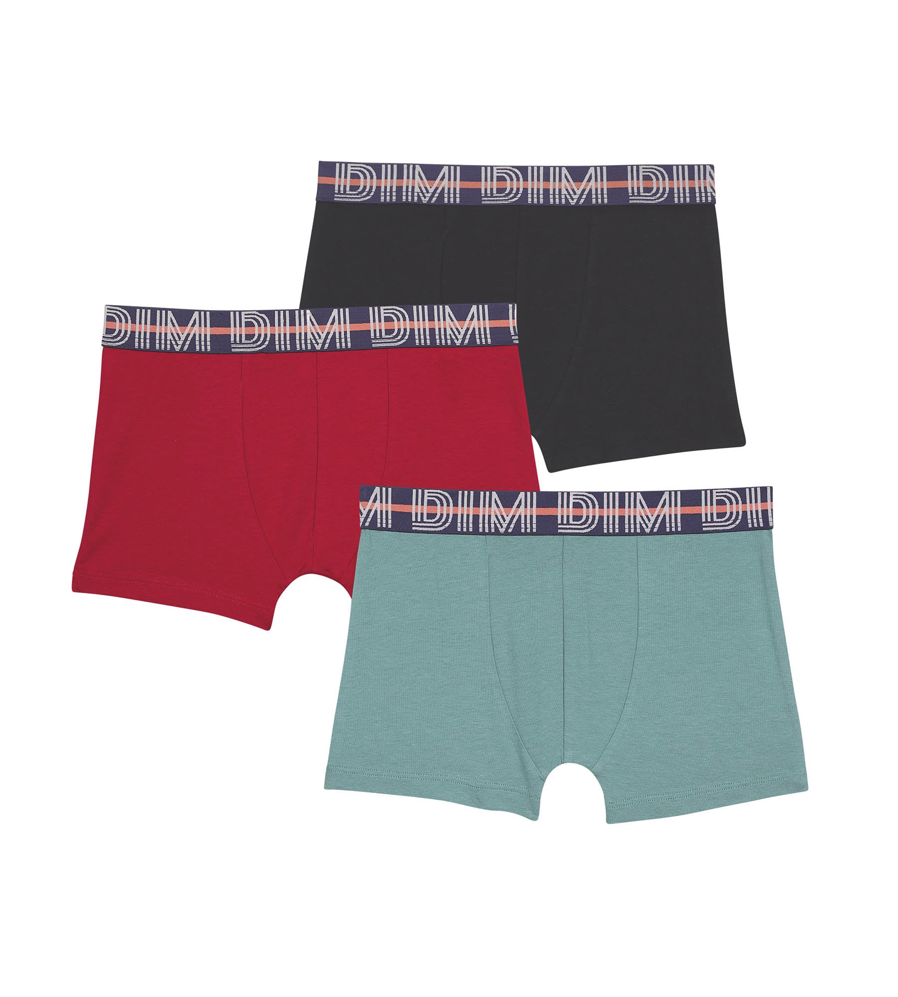DIM Set mit 3 Boxershorts aus Baumwollstretch Rouge Bleu Vert EcoDim Classic
