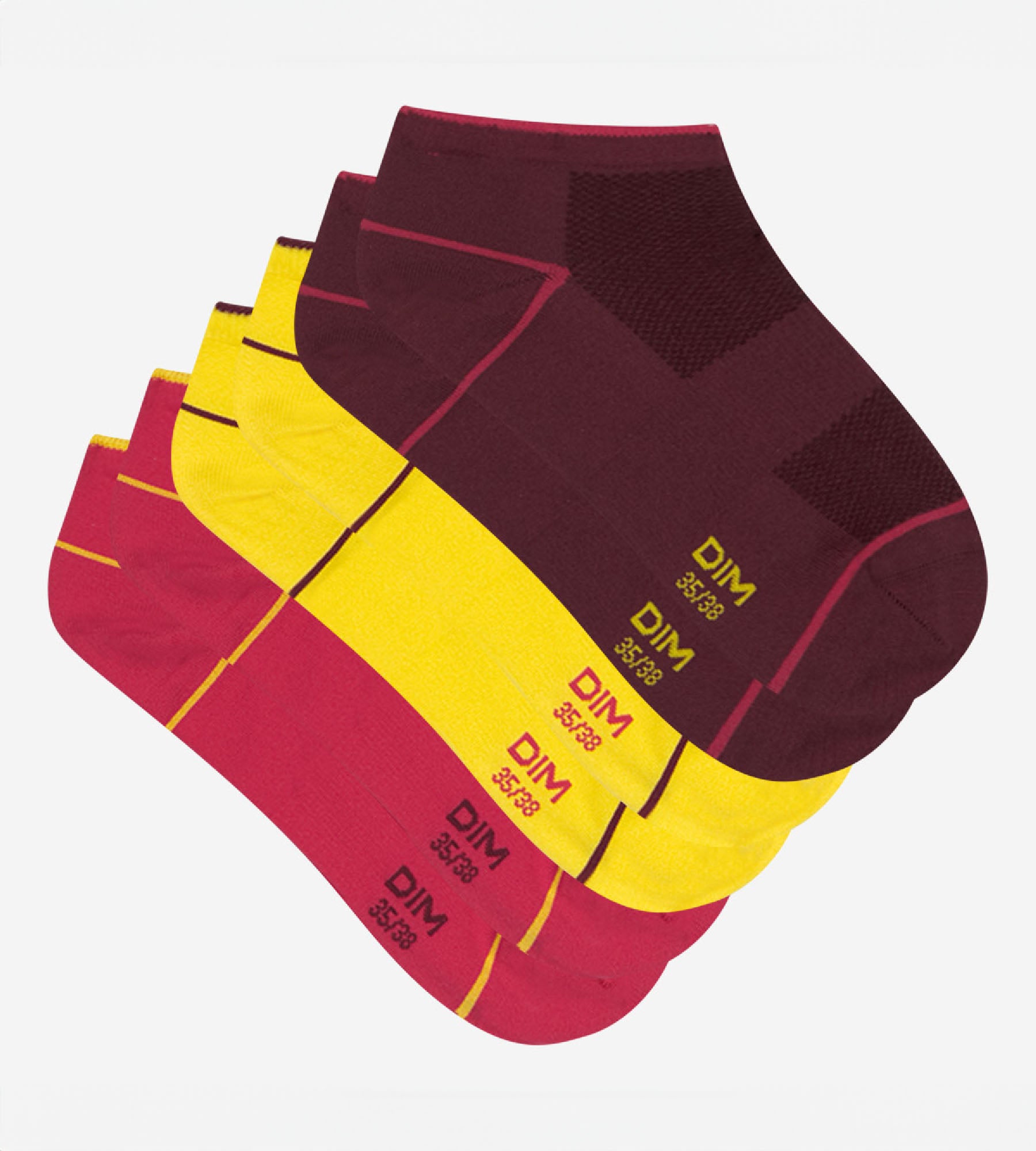 DIM 3er-Pack kurze Damensocken aus X-Temp-Gewebe bordeaux/pink/gelb - DIM Sport