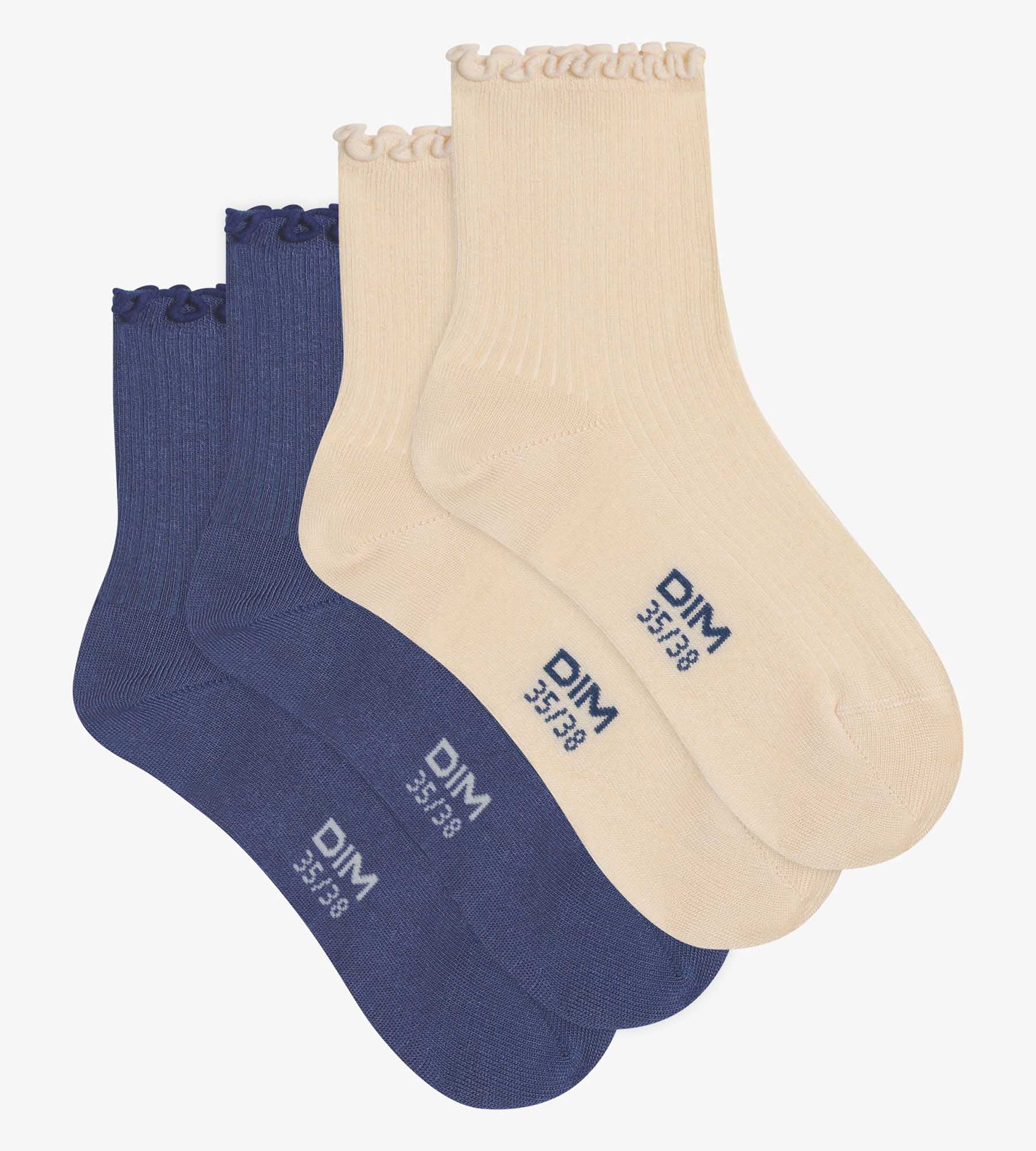 DIM 2er-Pack Damen-Socken mit Rüschen aus Modal in Blau und Creme – DIM Modal