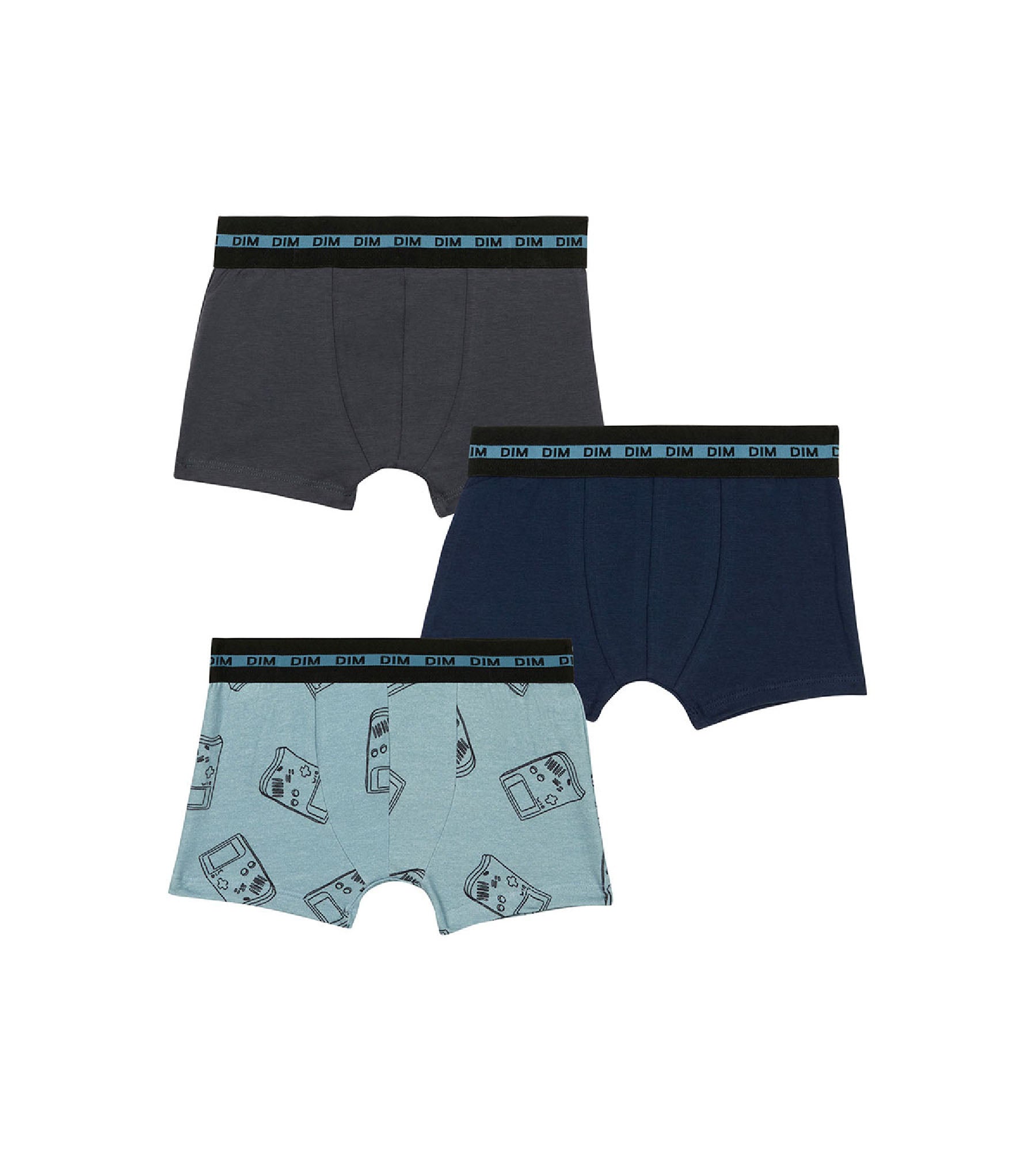 DIM 3er-Pack blaue/graue Jungenboxershorts aus Stretch-Baumwolle mit Gameboy-Motiv - EcoDIM