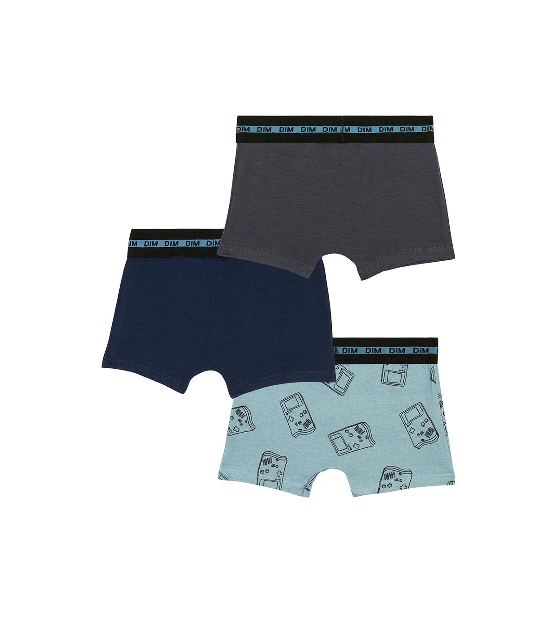 DIM 3er-Pack blaue/graue Jungenboxershorts aus Stretch-Baumwolle mit Gameboy-Motiv - EcoDIM