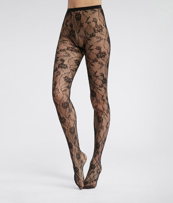 DIM Schwarze Strumpfhose in Spitzenoptik mit Blüten - DIM Style