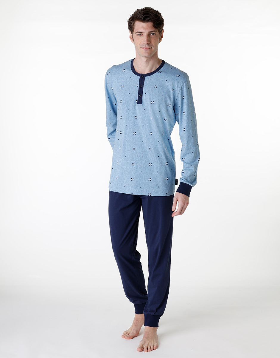 DIM Langer Serafino-Pyjama-Set aus blau meliertem Jersey