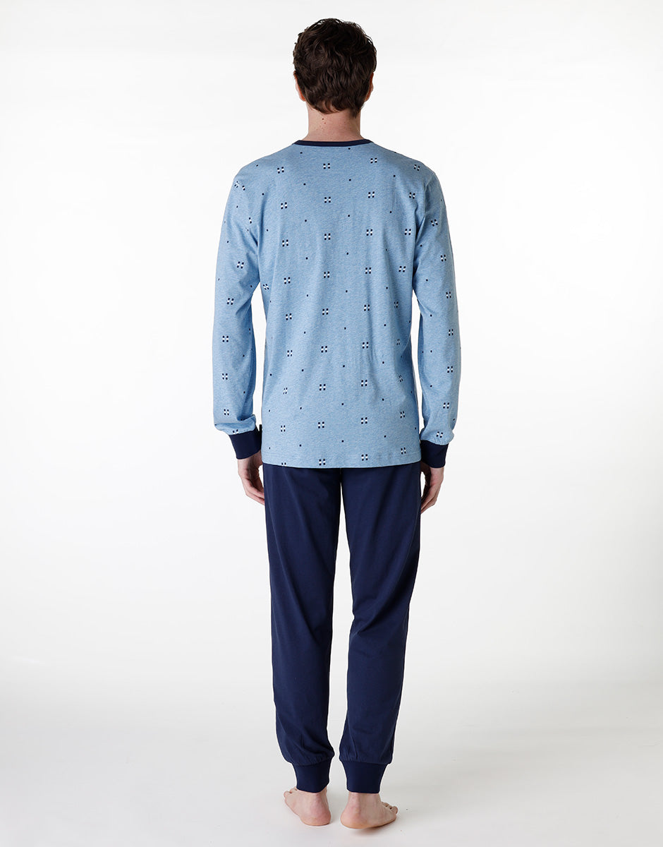 DIM Langer Serafino-Pyjama-Set aus blau meliertem Jersey