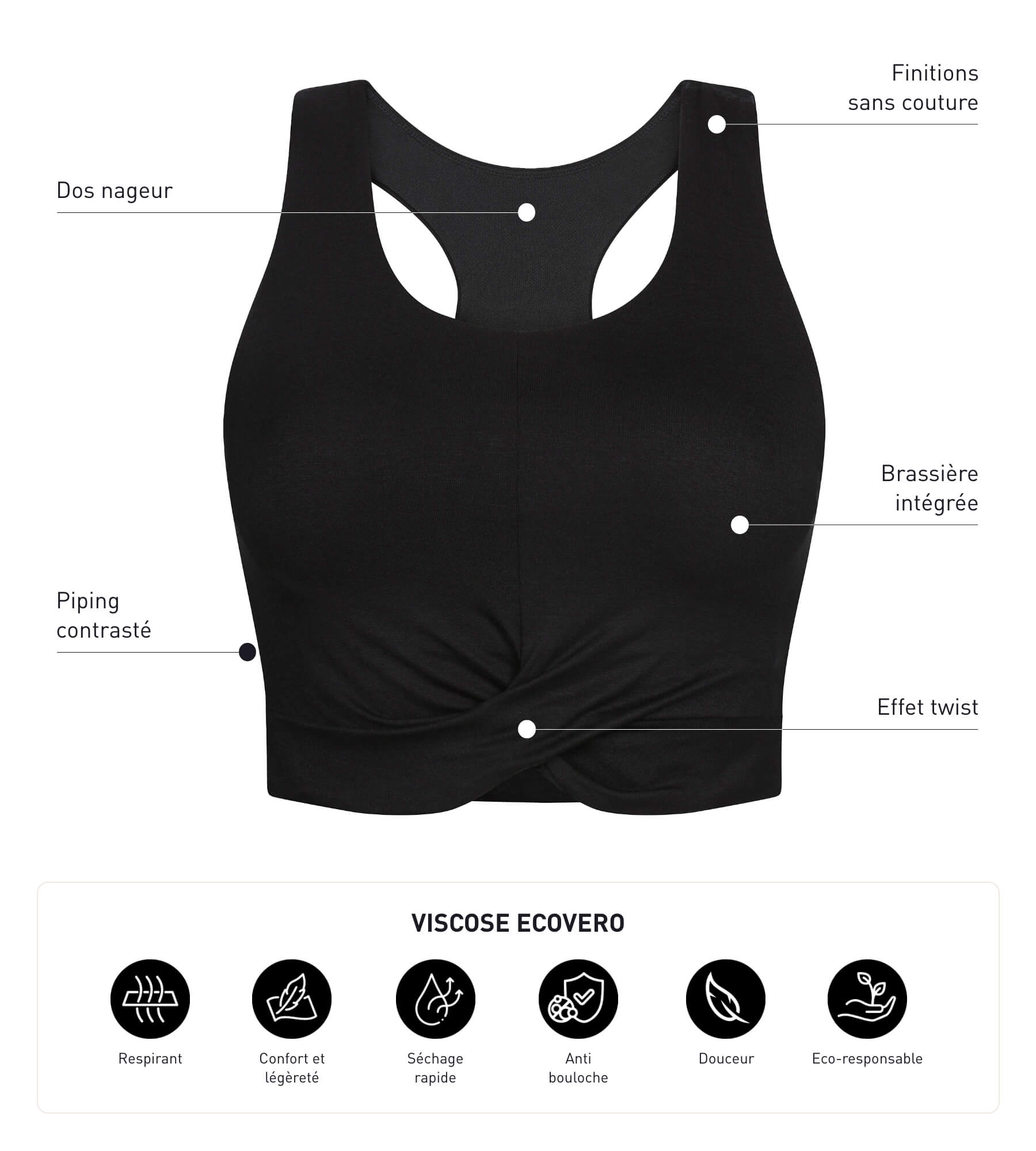 DIM Sport-Tanktop für Damen aus schwarzer Viskose mit BH Dim Move