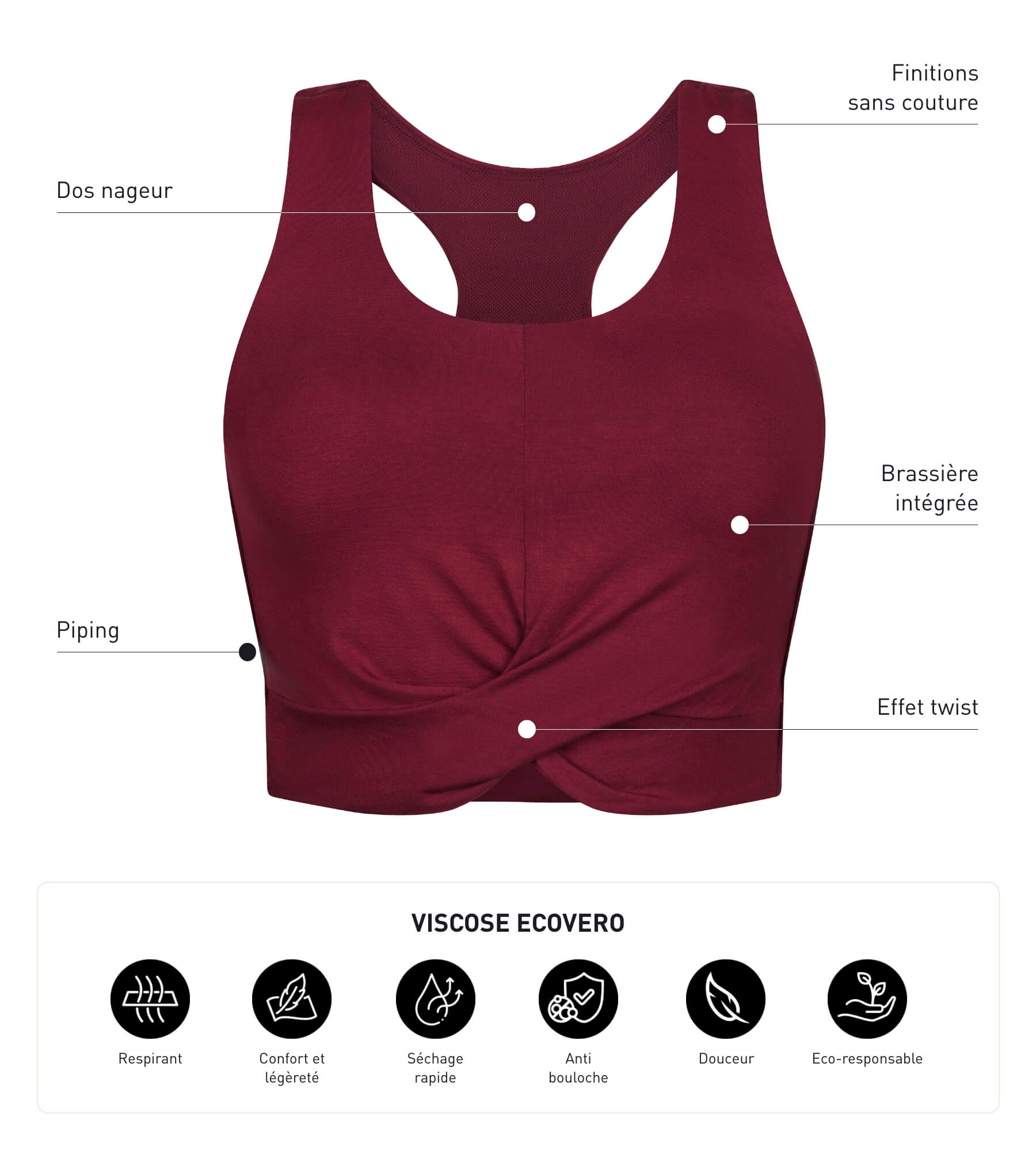 DIM Sport-Tanktop für Damen in Burgunderrot mit integriertem BH Dim Move