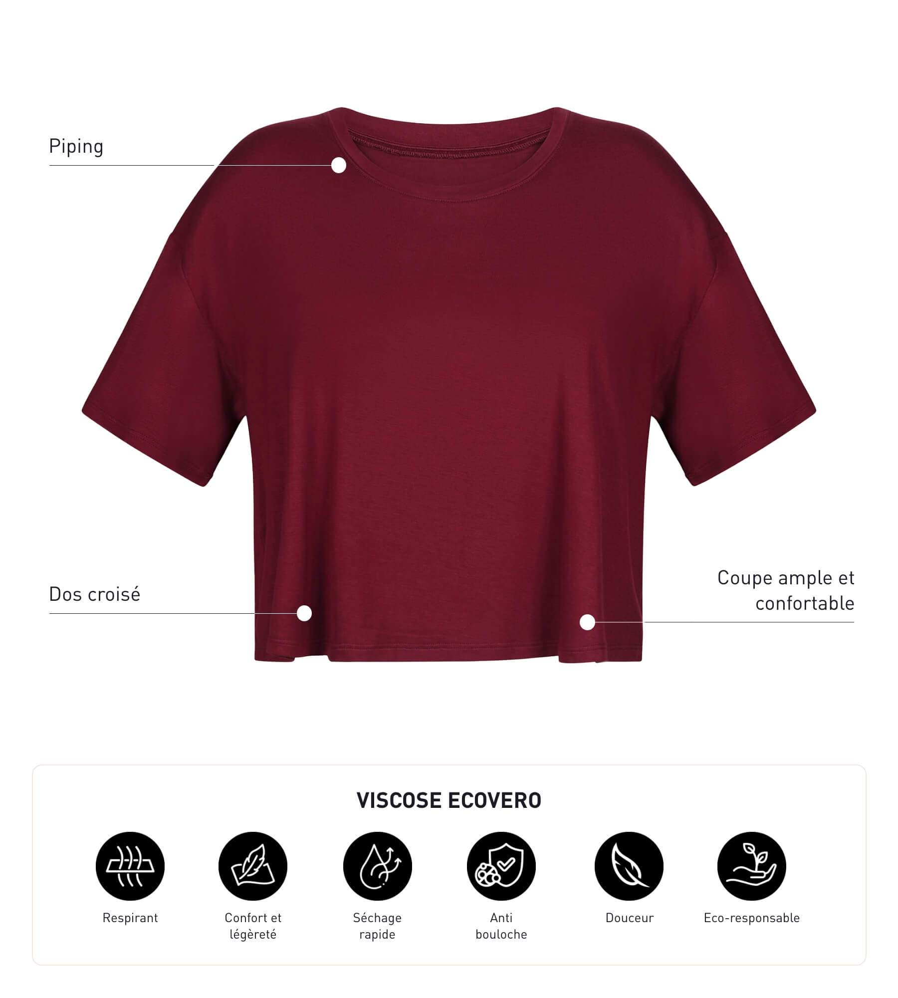 DIM Sport-T-Shirt für Damen aus burgunderfarbener Viskose mit offenem Rücken Dim Move
