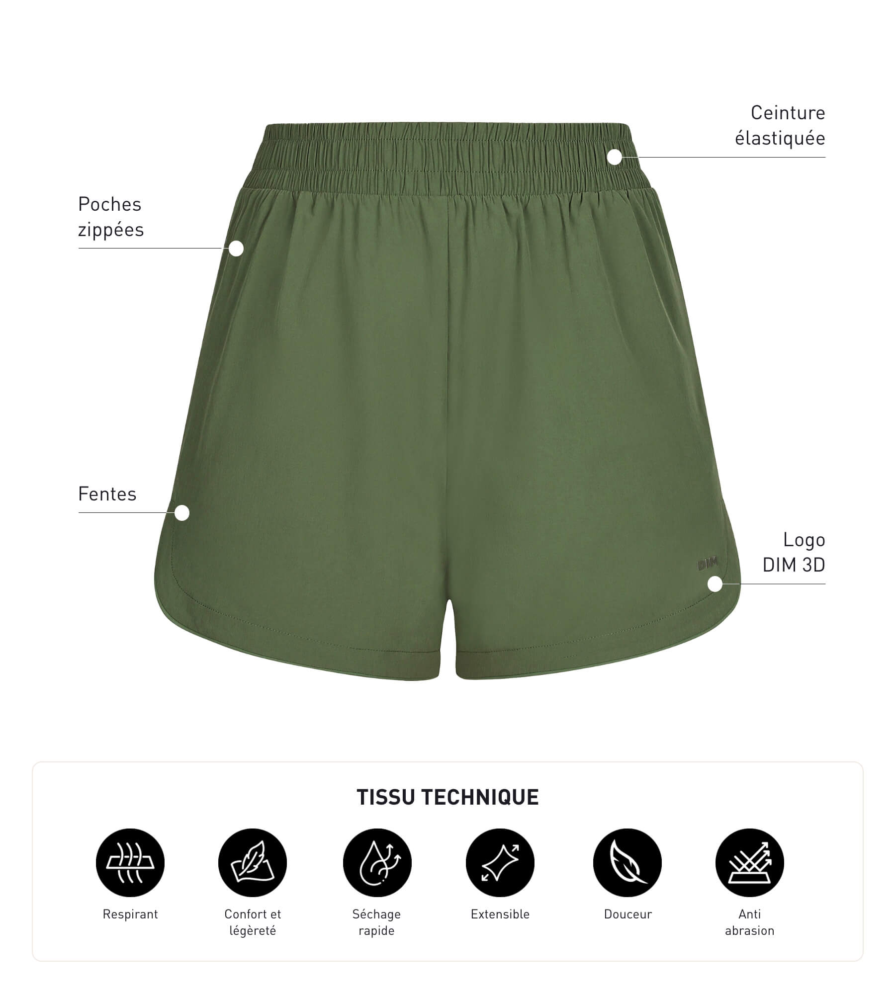 DIM Sportshorts für Damen aus khakifarbener Viskose Dim Move