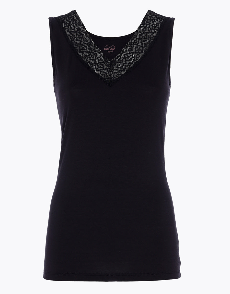 DIM Damen Viskose Tank Top mit breiten Trägern und Spitze Schwarz Warm & Soft
