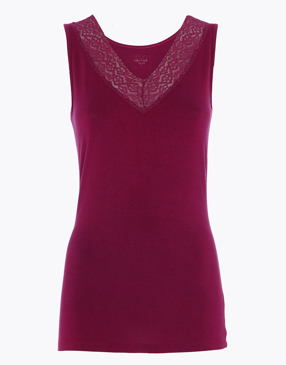 DIM Damen Viskose Tank Top mit breiten Trägern und bordeaux Spitze Warm & Soft