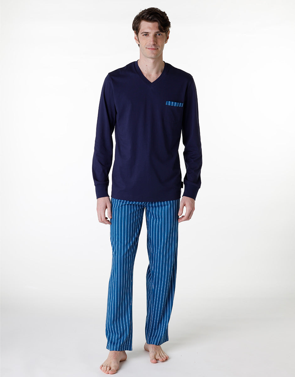 DIM Langer Pyjama-Set mit V-Ausschnitt aus marineblauem Jersey