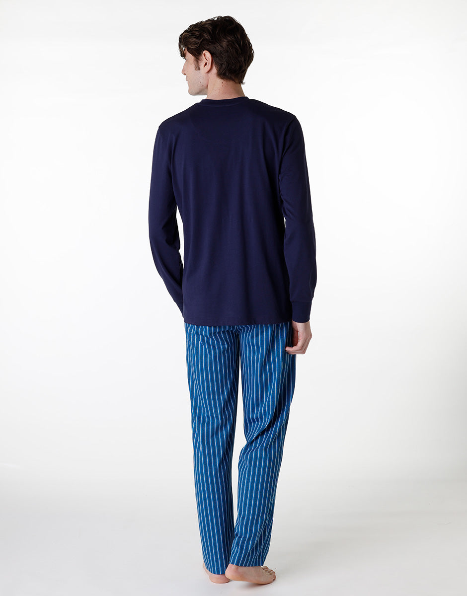 DIM Langer Pyjama-Set mit V-Ausschnitt aus marineblauem Jersey