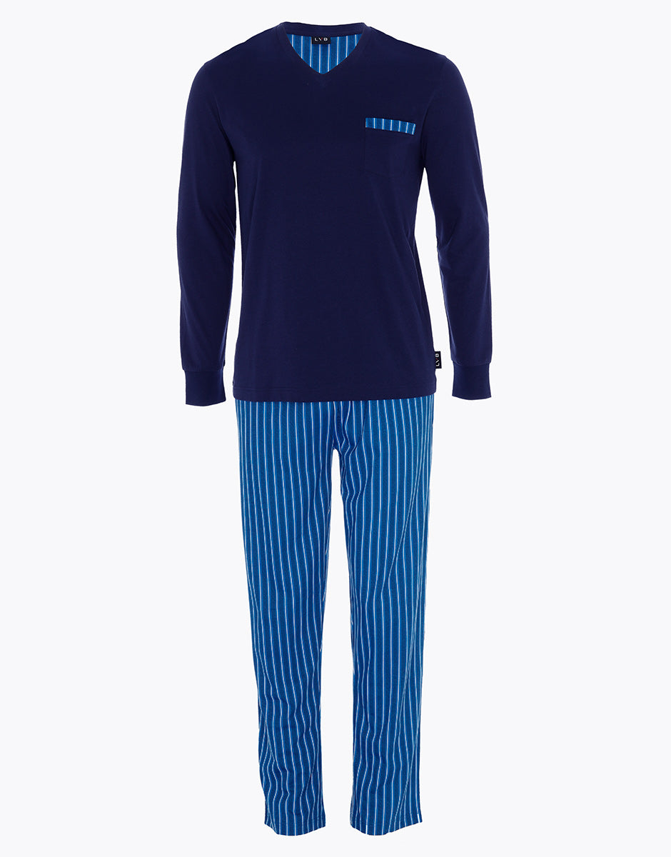 DIM Langer Pyjama-Set mit V-Ausschnitt aus marineblauem Jersey