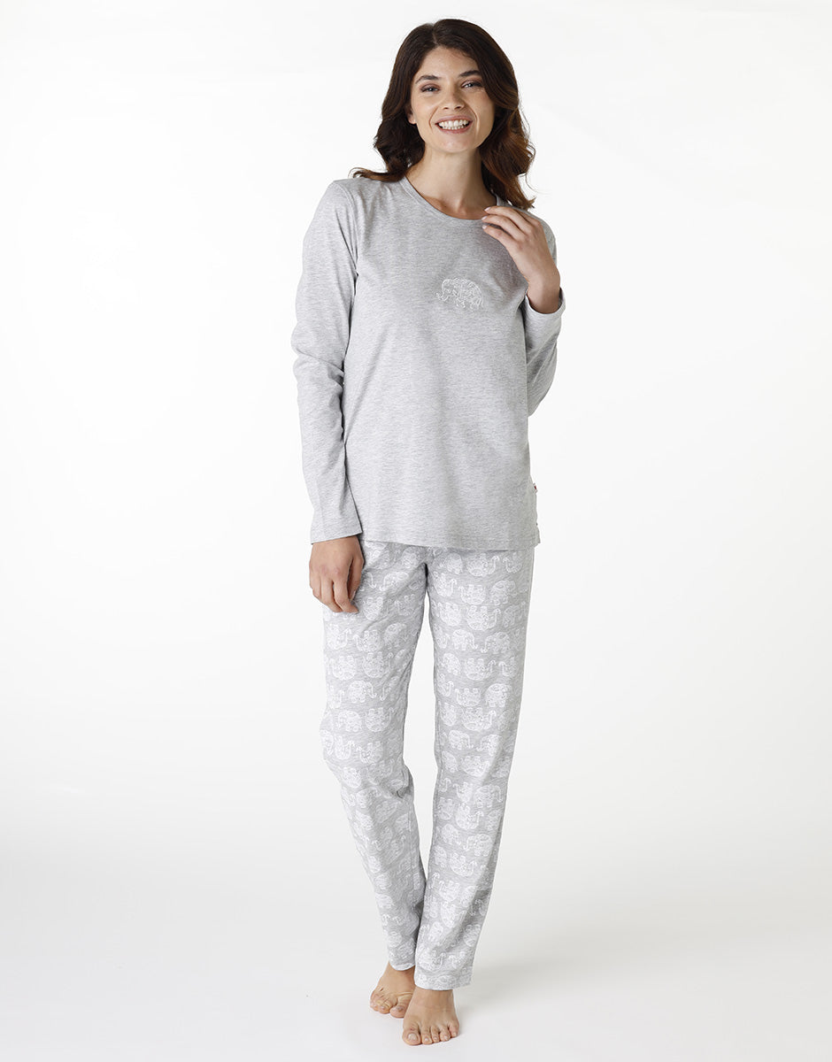 DIM Langer Pyjama-Set mit Rundhalsausschnitt aus grau meliertem Jersey