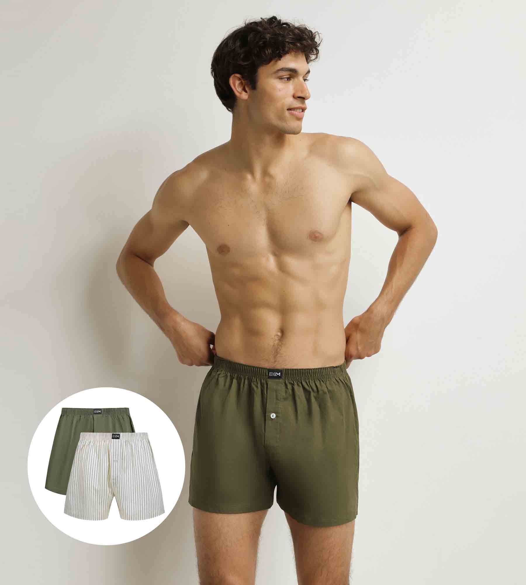 DIM 2er-Pack Boxershorts für Männer Beige gestreift Grün Baumwolle Stretch
