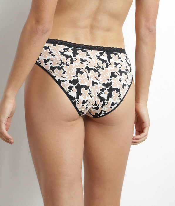 DIM Hautfarbener Slip aus Mikrofaser mit schwarze Blumenmuster und Tüll – Dim Daily Micro