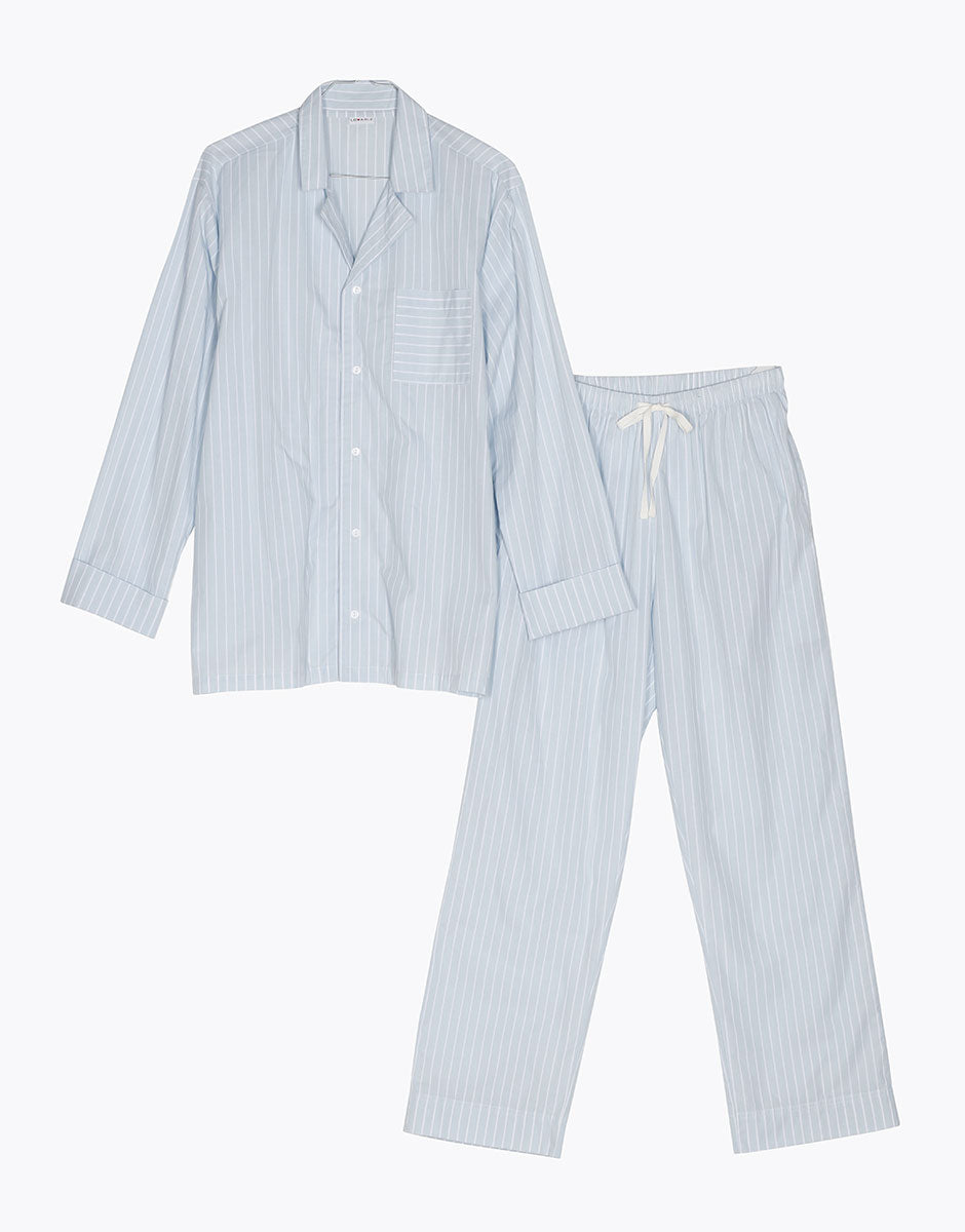 DIM Unisex Blau Gestreiftes Langarm-Pyjama aus Baumwollcanvas