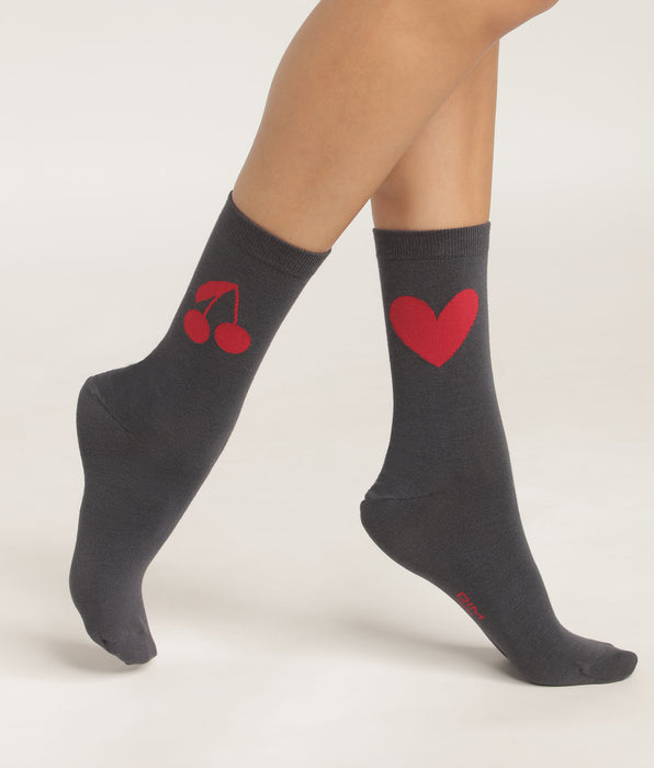 DIM Dunkelgraue Damensocken mit Herz- und Kirschmuster - Dim Bambus
