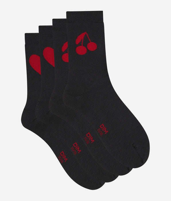 DIM Dunkelgraue Damensocken mit Herz- und Kirschmuster - Dim Bambus