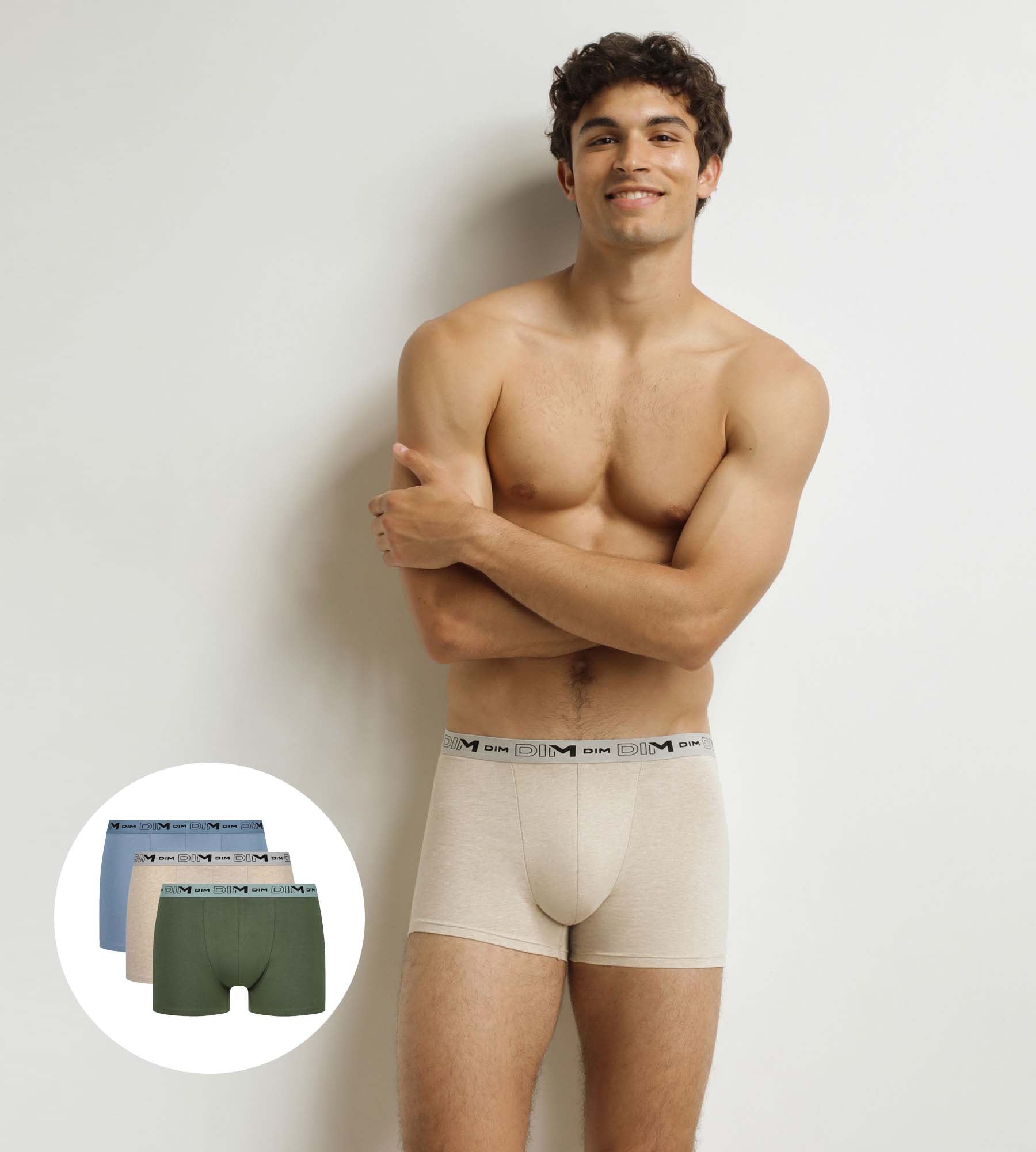 DIM 3er-Pack Herren-Boxershorts Beige Blau Khaki Baumwolle Stretch Bio