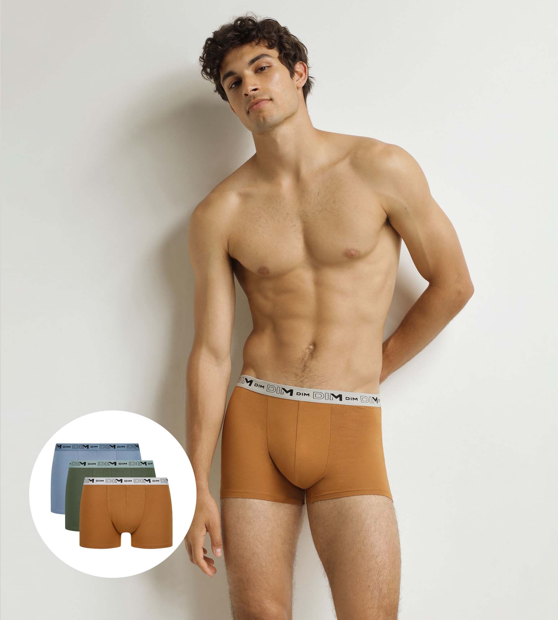 DIM 3er-Pack Herren-Boxershorts Khaki Ocker Blau Bio-Baumwolle Stretch