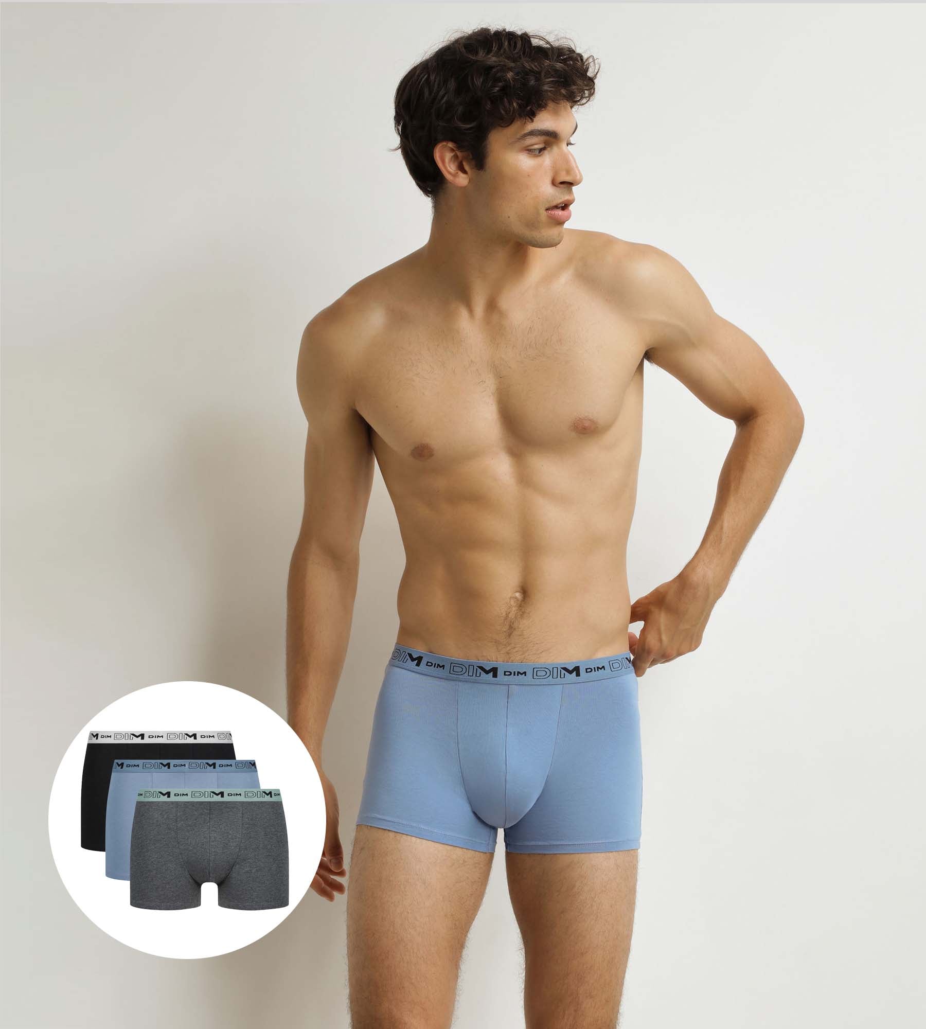 DIM 3er-Pack Boxershorts für Männer Grau Blau Schwarz Baumwolle Stretch Bio