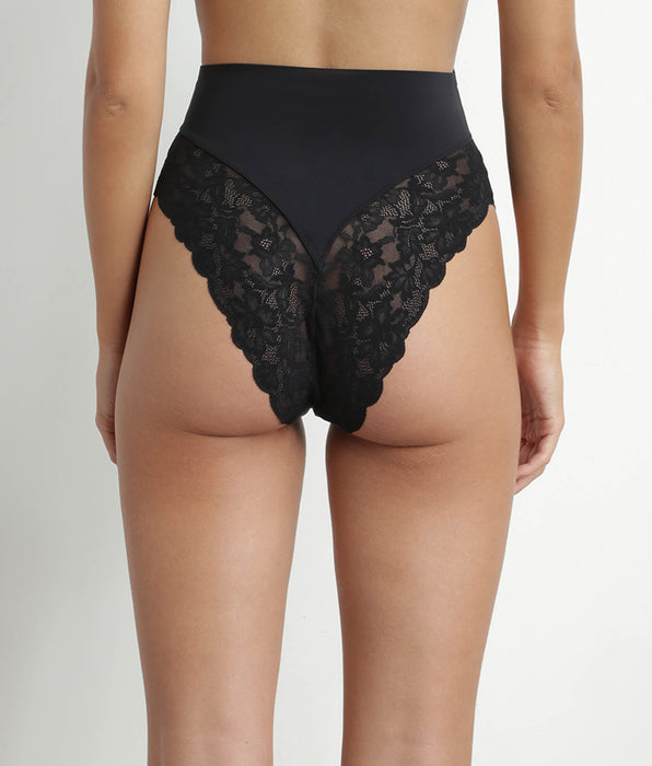 DIM Schwarzer Mikrofaser- und Spitze-Shaping-String mit hohem Bund – DIM Silhouette Elegance