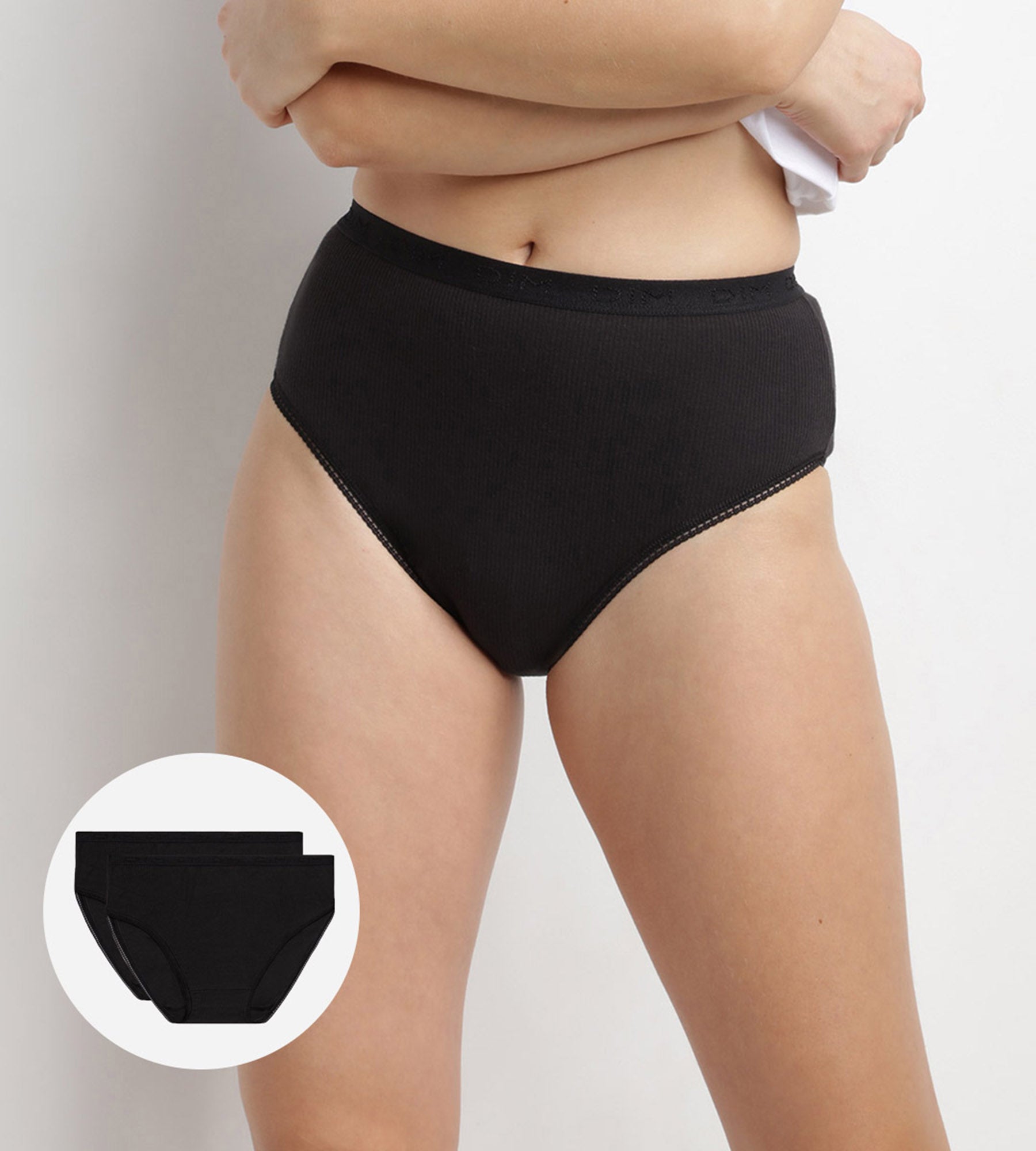 DIM 2er-Pack schwarze Slips aus 100% Baumwolle mit hohem Bund