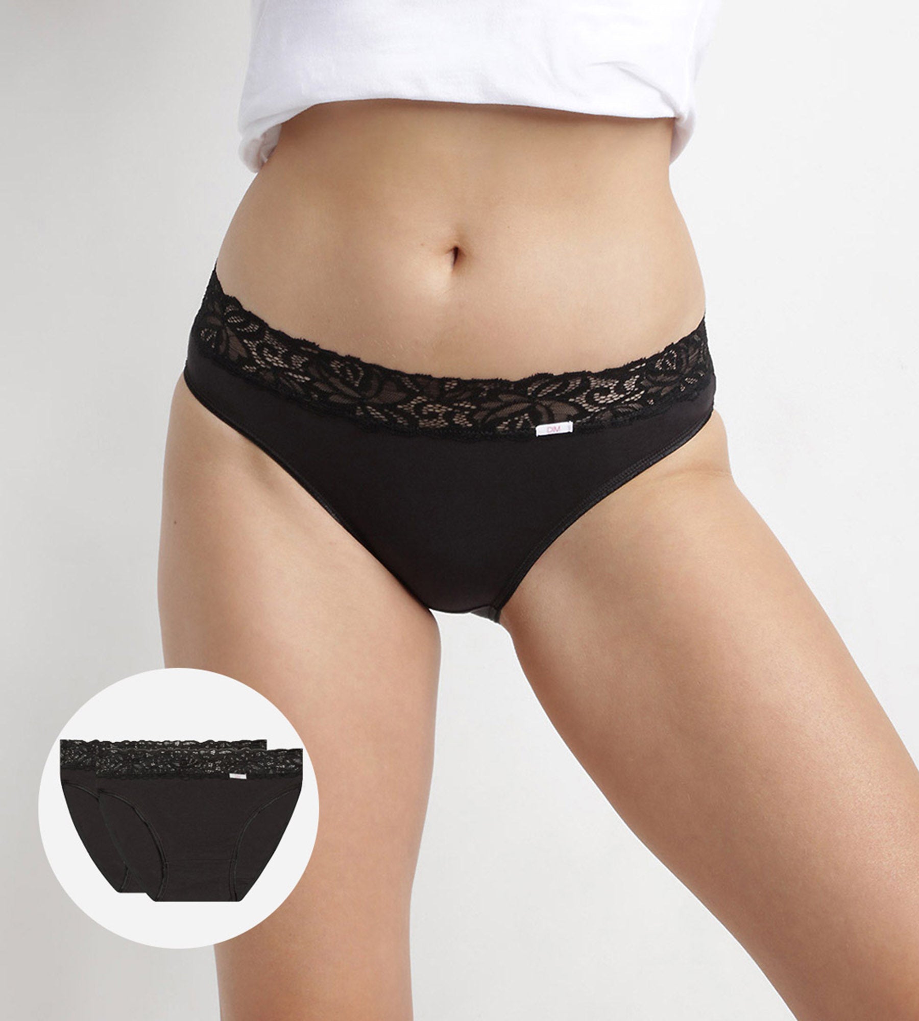 DIM 2er-Pack schwarze Midi-Slips aus Stretch-Baumwolle mit Spitze - Cotton Plus
