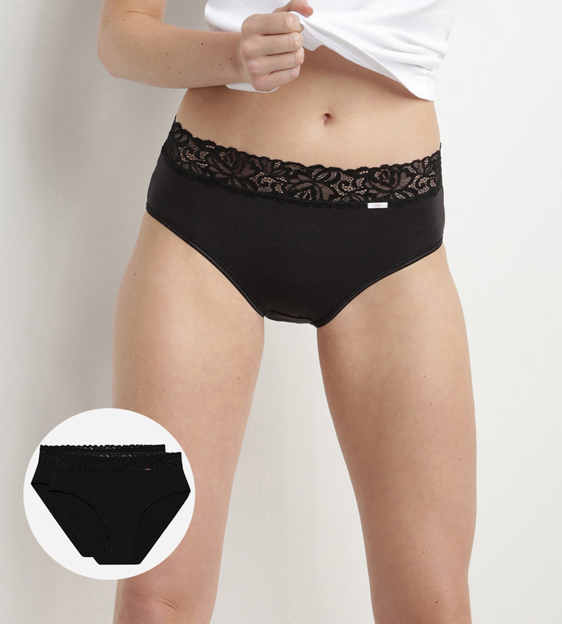 DIM 2er-Pack schwarze Slips aus Stretch-Baumwolle mit hohem Bund und Spitze - Cotton Plus