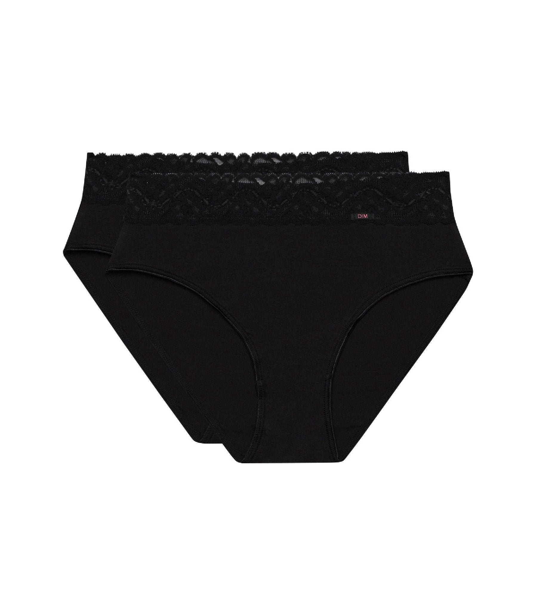 DIM 2er-Pack schwarze Slips aus Stretch-Baumwolle mit hohem Bund und Spitze - Cotton Plus