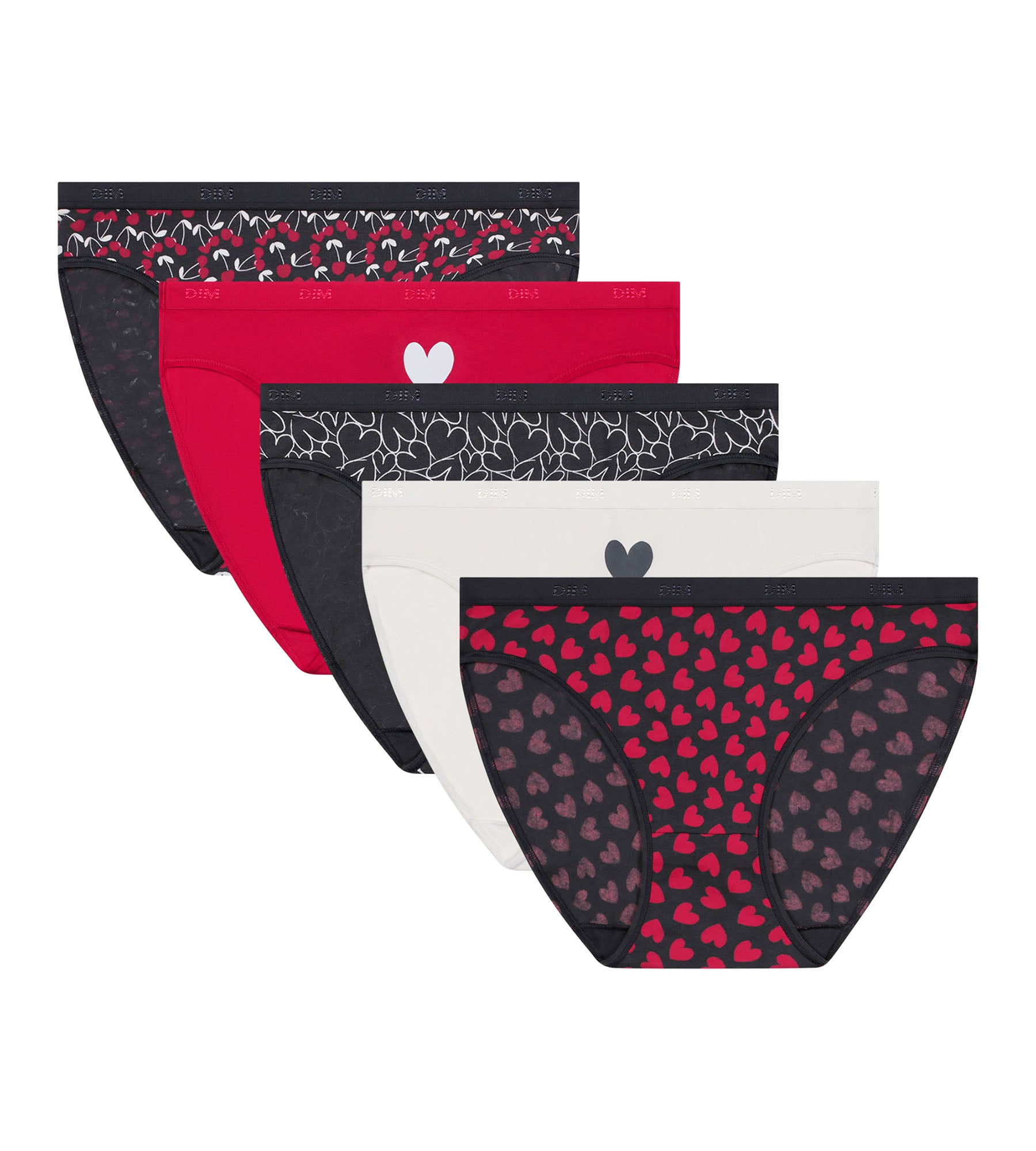 DIM 5er-Pack rote Slips aus Stretch-Baumwolle mit Herzmuster – Pockets