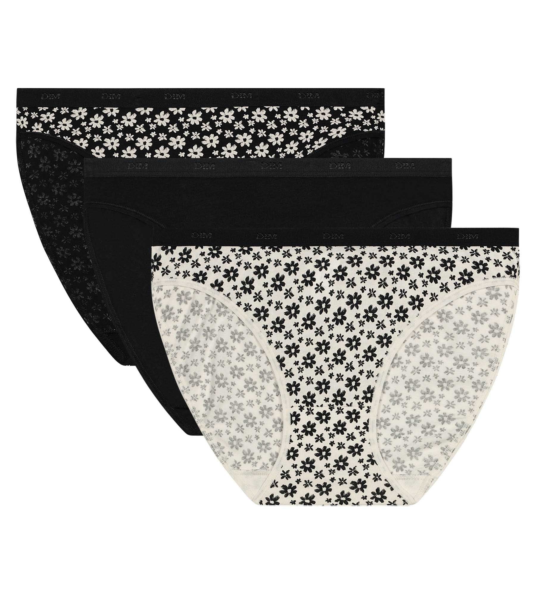 DIM 3er-Pack Slips aus Stretch-Baumwolle schwarz/ecru-weiß mit Blüten - Pockets