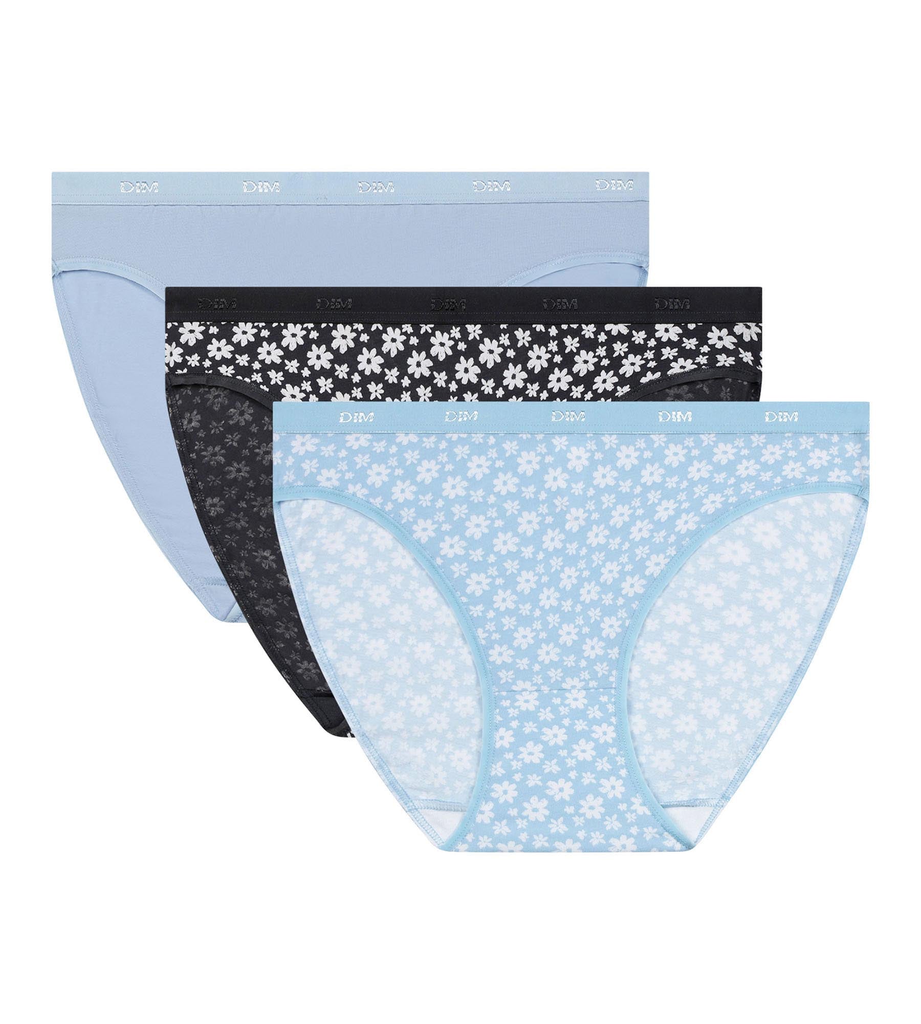 DIM 3er-Pack blau/graue Slips aus Stretch-Baumwolle mit Blumenmuster – Pockets