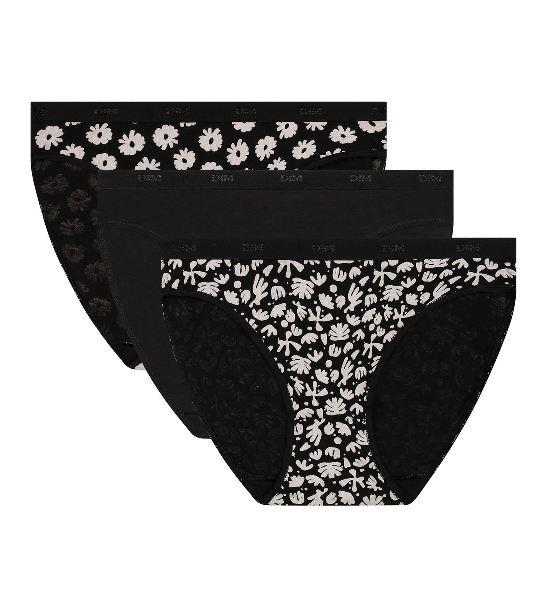 DIM 3er-Pack schwarze Slips aus Stretch-Baumwolle mit Blumenmuster – Pockets