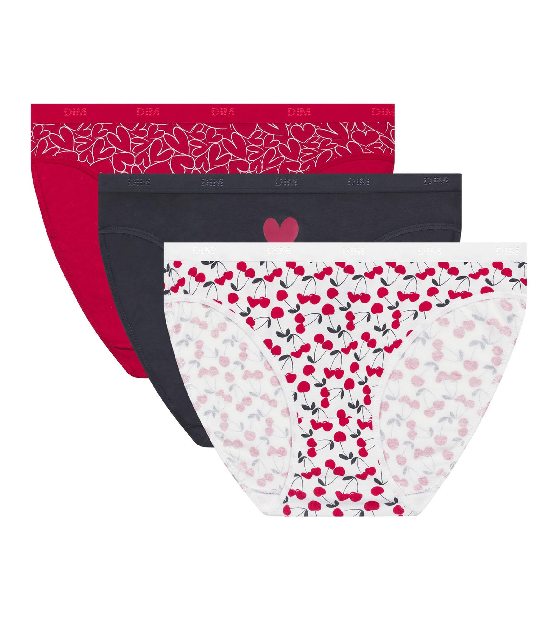 DIM 3er-Pack rote Slips aus Stretch-Baumwolle mit Herzmotiven – Pockets