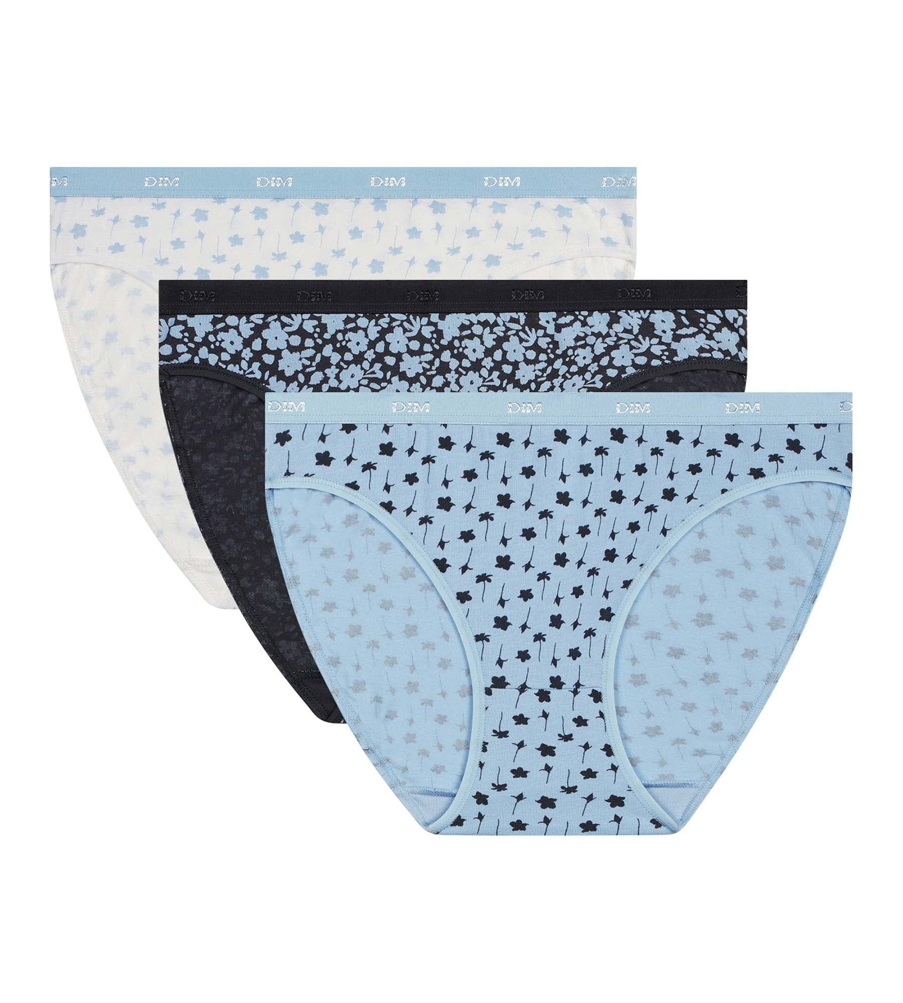 DIM 3er-Pack blaue Slips aus Stretch-Baumwolle mit Blumenmuster – Pockets
