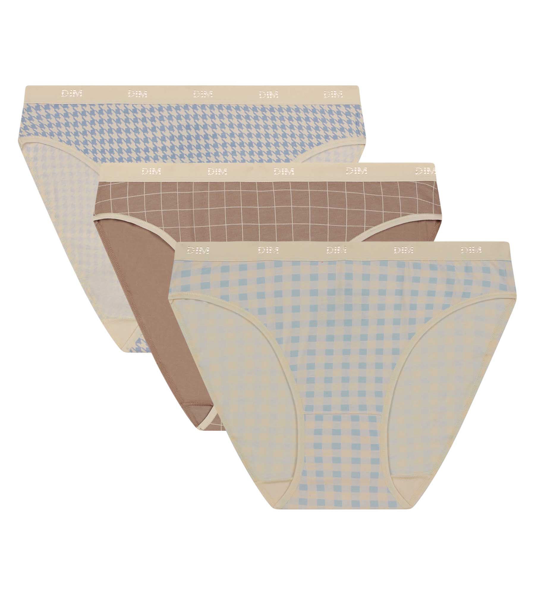 DIM 3er-Pack Damen-Slips mit Vichykaro-Muster Ecru Blau Beige Les Pockets