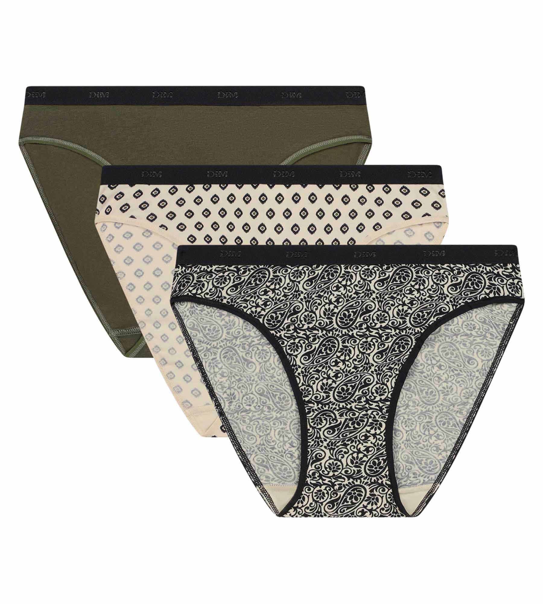 DIM 3er-Pack Damen-Slips mit Ethno-Muster Khaki Schwarz Les Pockets