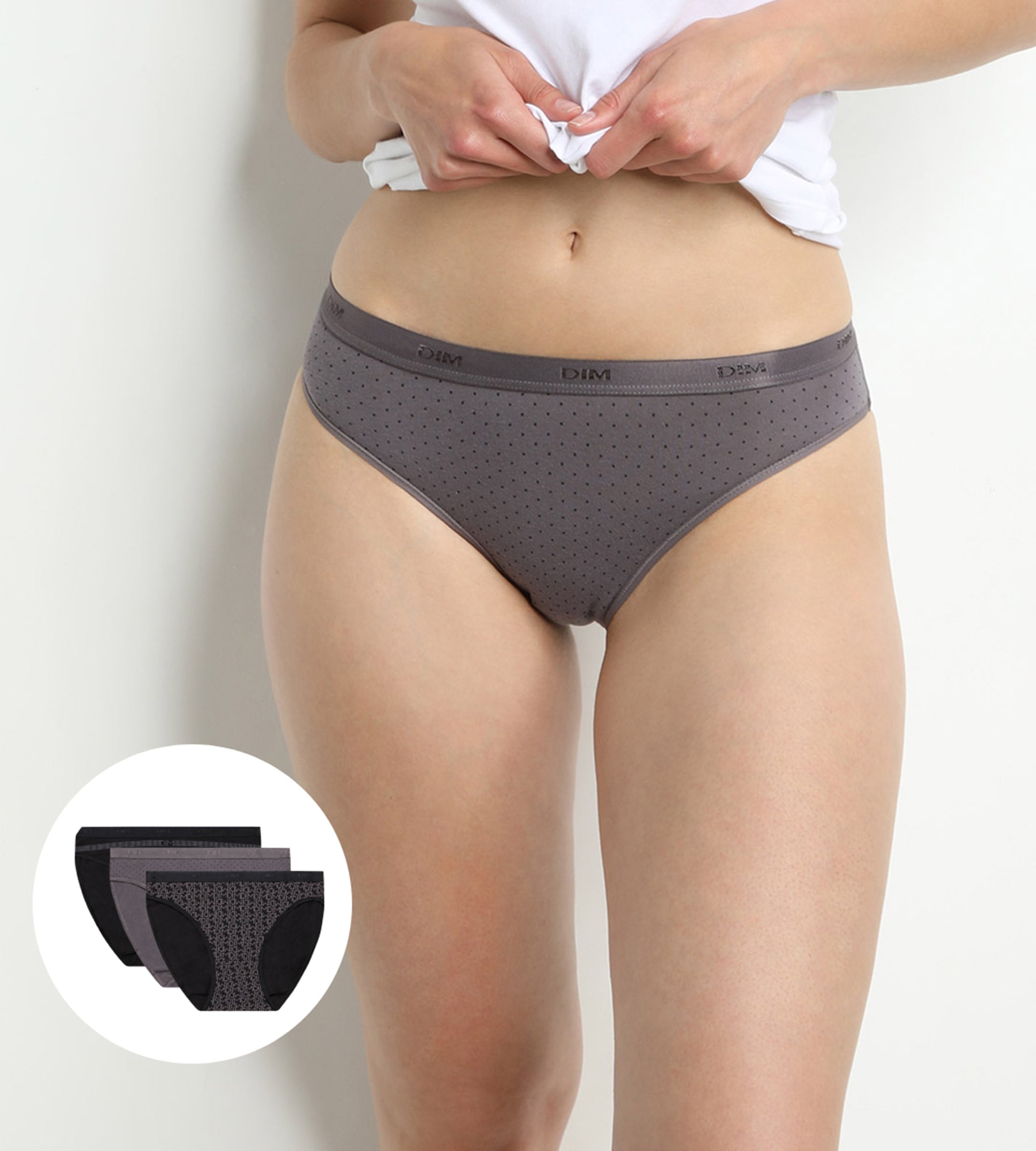 DIM 3er-Pack graue/schwarze Slips aus Stretch-Baumwolle – Pockets